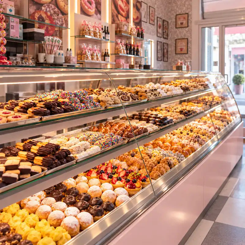 Banco della pasticceria Mavè a Toscanella di Dozza con pasticcini e biscotti